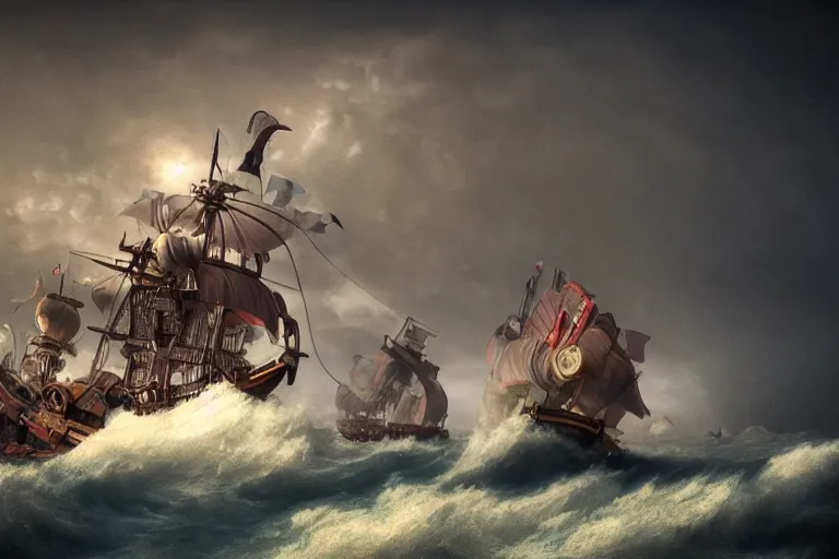 Prompt: epic pirate ship cannon battle in a storm, in the style of vernon grant and chris van allsburg, raging stormy sea, trending on artstation, bright tilt - shift camcorder effect, photoshop, retrowave, hyperrealism, octane, sharp focus, masterpiece