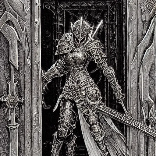 Prompt: gothic knight, intricate etched armor, standing astride a gate, terese nielsen