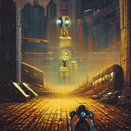 Prompt: beautiful detailed religious oil painting of robots with halos in a cyberpunk wasteland