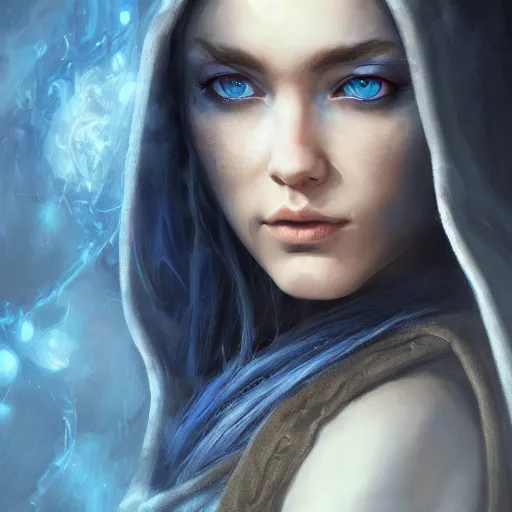 Prompt: beautiful female wizard, detailed face, blue eyes, black clothing, daughter of death, featured on artstation, 8k highly detailed, intricate oil painting, concept art