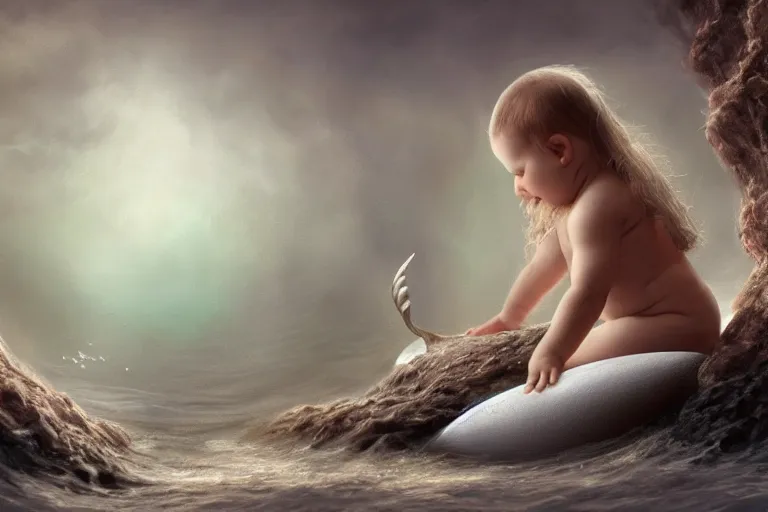 Prompt: a baby mermaid emerging out of an egg, matte painting, concept art, digital art, trending on artstation, 4 k, extremely detailed, realistic, fantasy art, anne geddes