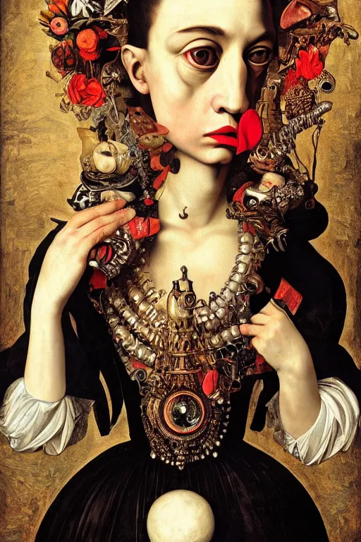 Prompt: Detailed maximalist portrait with large lips and with large, wide eyes, sad expression, HD mixed media, 3D collage, highly detailed and intricate, surreal, bone extra hands, illustration in the style of Caravaggio, dark art, baroque