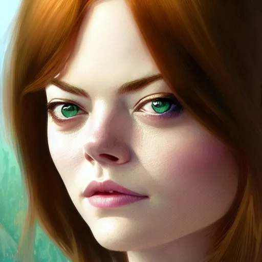 Image similar to beautiful natural Emma Stone with green eyes and different nose and mouth, intricate, elegant, highly detailed, digital painting, artstation, concept art, smooth, sharp focus, illustration, art by artgerm and greg rutkowski and alphonse mucha and loish and WLOP