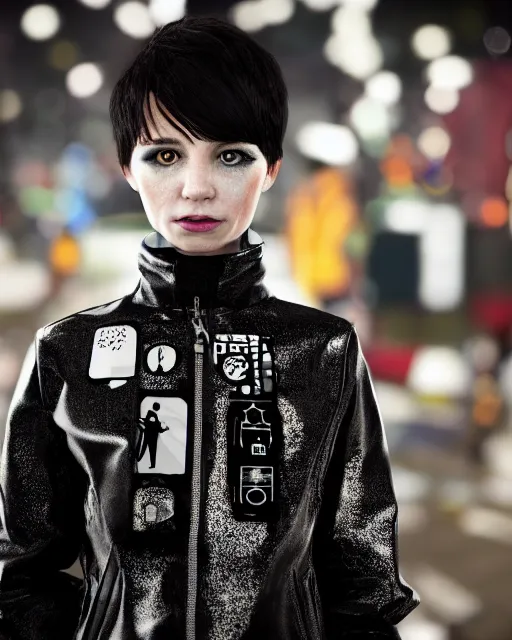 Image similar to detailed portrait guard girl with very short hair seen from the back, cyberpunk futuristic, reflective puffer jacket, black leggings, decorated with traditional ornaments in front of a dystopian crowd with piles of garbage perfect face, fine details, realistic shaded, fine - face, pretty face