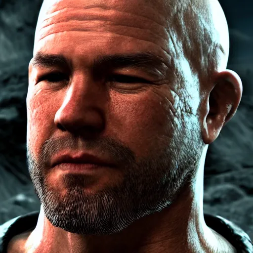 Prompt: character screenshot of ufc president dana white, npc, skyrim, wilderness, 1 0 8 0 p, bokeh, elder scrolls v, detailed, dialog text