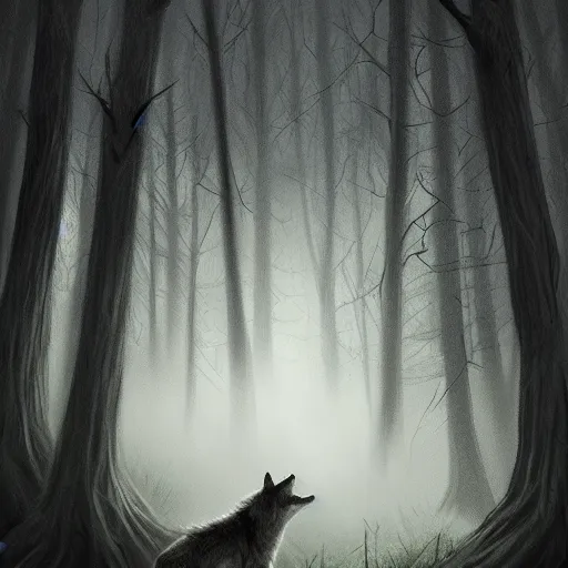Prompt: wolves asleep amidst the trees, bats are all swaying in the breeze, digital painting, dark fantasy, cinematic lighting, mood lighting, realistic, digital art, trending on artstation, art by rutkowski