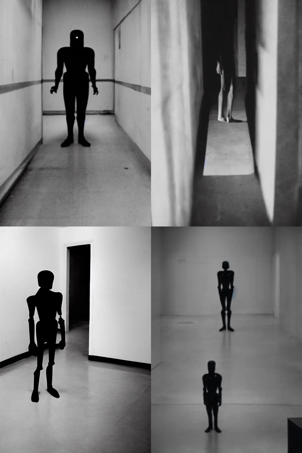 Prompt: film photo of a dark humanoid entity standing in the corner of a large empty room, ominous, mysterious