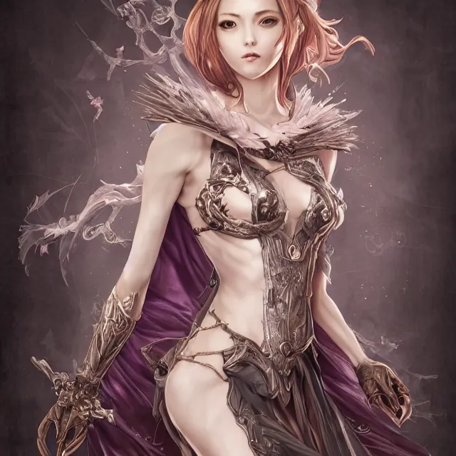 Prompt: portrait of lawful evil sorceress archetype personified as an absurdly beautiful, graceful, elegant, sophisticated, fully clothed young gravure idol covering herself, an ultrafine hyperdetailed illustration by kim jung gi, irakli nadar, detailed, faces, intricate linework, bright colors, octopath traveler, final fantasy, unreal engine highly rendered
