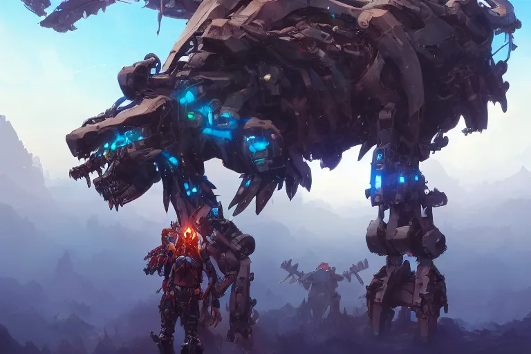 Image similar to grimhorn fanghorn machine mecha animal beast robot of horizon forbidden west horizon zero dawn bioluminiscence, behance hd by jesper ejsing, by rhads, makoto shinkai and lois van baarle, ilya kuvshinov, rossdraws global illumination