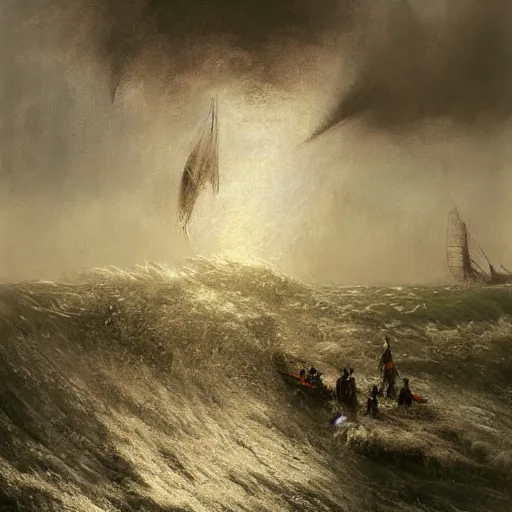 Prompt: by alejandro burdisio, by honore daumier atmospheric, hideous. the digital art of a huge wave about to crash down on three small boats. the boats are filled with people, & they all look terrified.