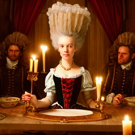 Prompt: marie antoinette in a tavern at night with candles, wow 4 k detail fantasy, matte painting, realistic materials, photo realistic, postprocessing, cinematic, hyperrealistic, studio lighting, ekaterina, the tudors, photography by richard jenkins