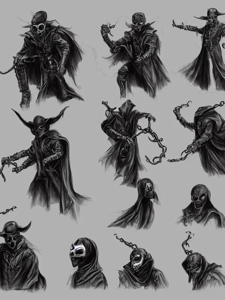 Image similar to sketches of ghost rider as a plaguesoctor with a brunt plague doctor mask, by concept artists, blunt borders, rule of thirds, whimsical, light and shadow, backlighting