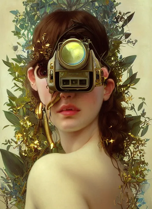 Image similar to hyper realistic photographer looking through a vintage medium format camera, design on white background, beautiful details, lush foliage cyberpunk, gold, drawn by john singer sargent, tom bagshaw, norman rockwell, alphonso mucha, lolish, trending on artstation