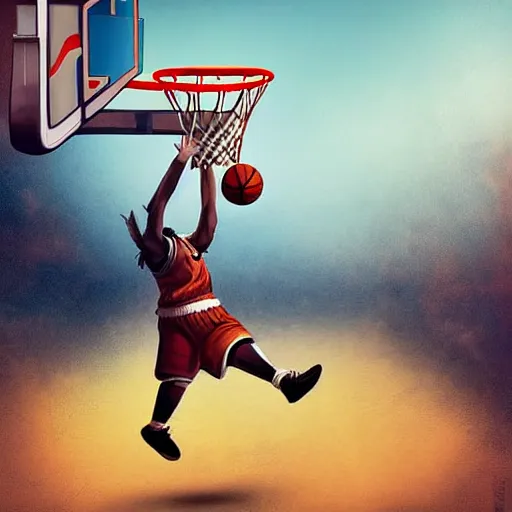 Image similar to a dwarf is dunking a basketball, digital art, highly detailed, realistic, bright colors, 8 k