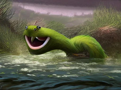 Prompt: a chatty leek creature. a little cute otter made of onion leek, wide feet, that fishes using his long leek stem hair, young leek, fishing in a massive river. digital illustration detailed digital illustration for mtg. dnd fantasy epic illustration by seb mckinnon. 4 k illustration asymmetry, centered action shot