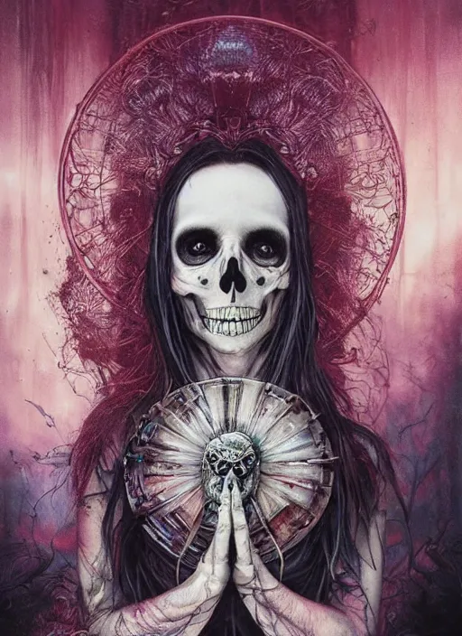 Image similar to alice's sister, death tarot card, highly detailed, half skull face, cinematic, 8 k, by megan duncanson, benjamin lacombe, adrian borda, stanley artgermm, tom bagshaw, craig mullins, carne griffiths, ayami kojima, beksinski, giger, trending on deviantart, hyper detailed, horror, full of colour