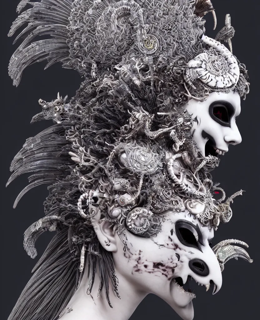 Image similar to 3 d goddess close - up profile portrait punk with mohawk with ram skull. beautiful intricately detailed japanese crow kitsune mask and clasical japanese kimono. betta fish, jellyfish phoenix, bio luminescent, plasma, ice, water, wind, creature, artwork by tooth wu and wlop and beeple and greg rutkowski