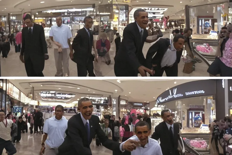 Prompt: CCTV Footage obama chasing people in the mall