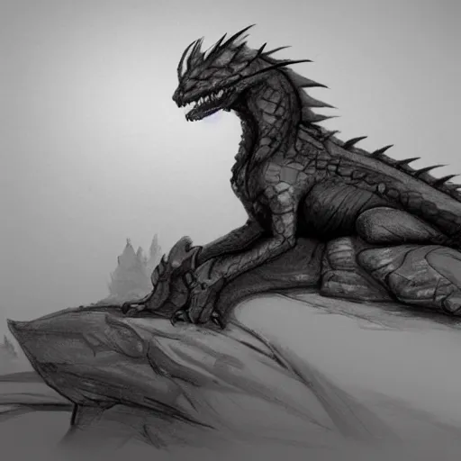 Prompt: sketch of a dragon resting on a hill, detailed, artstation, old