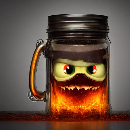 Image similar to Evil monster in a jar by Greg Rutkowski, product photography, centered, studio lightning