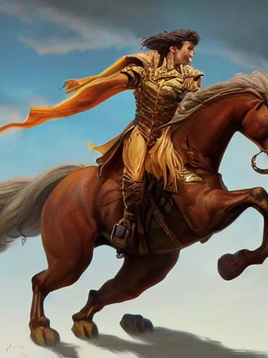 Prompt: a handsome man, riding a prancing a horse. intricate, elegant, highly detailed, digital painting, artstation, concept art, sharp focus, illustration, by justin gerard and artgerm, 8 k