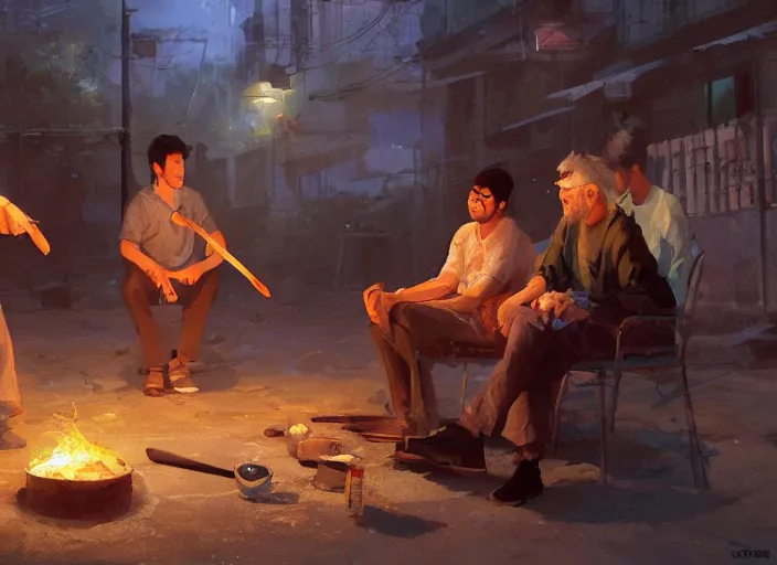 Image similar to three guys in night at the yard speaking while grilling kebabs and one guy playing guitar, light bulbs, painting by Craig Mullins, octane rendering, soft morning lighting, wide angle lens, in the style of Hayao Miyazaki, trending on artstation,