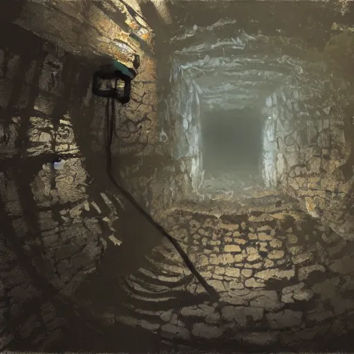 Image similar to a concept art from the bottom of a deep dark well. stone walls. craig mullins, gopro lens.