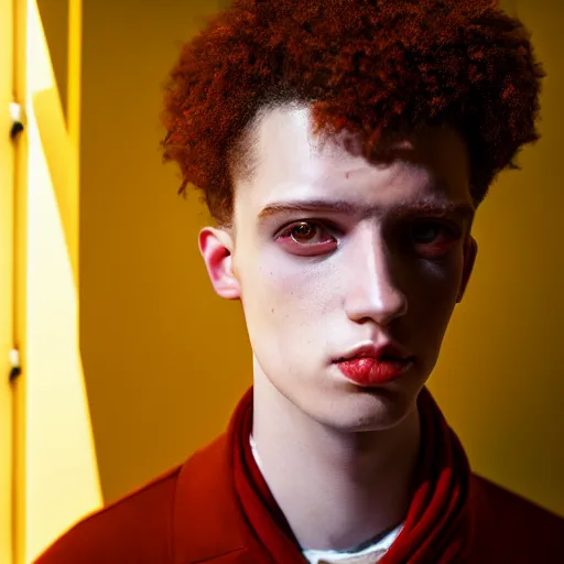 Image similar to un ultra high definition fashion editorial photographic portrait of a young man standing in their unique london art studio wearing all eclectic clothes watching the sun rising through large window. wide angle. three point light. extremely detailed. golden hour, golden ratio, ray tracing, volumetric light, shallow depth of field.