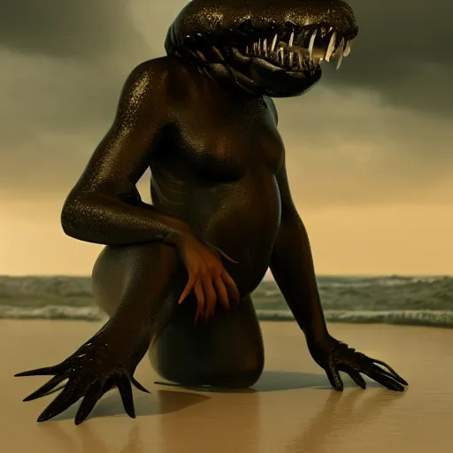 Image similar to a stunning cinematic wide shot of a beautiful confident slick sleek smooth humanoid sea monster wearing clothes made of seaweed on a dark stormy beach, well designed perfect with huge sad eyes, sharp claws, cgsociety, hd octane render, fantasy, furry art, artstation, deviantart, furaffinity, very very clean