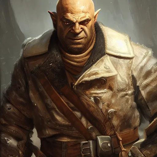 Prompt: portrait of a muscular, bald orc mechanic, wearing a heavy brown leather coat, wielding a wrench, DnD character, fantasy character, dramatic lighting, high detail, digital art by Ruan Jia