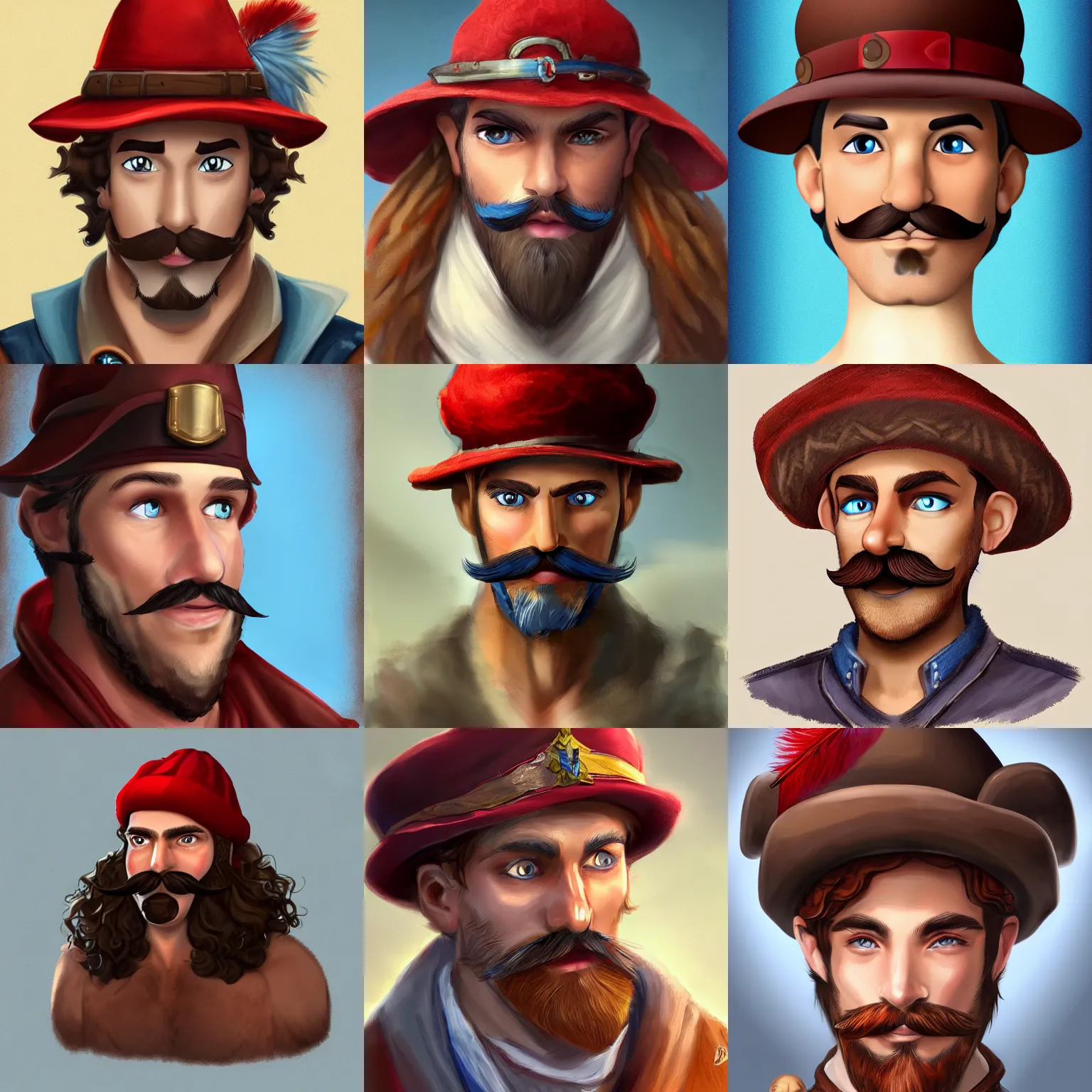 Prompt: Man with blue eyes and brown curly mustache wearing a red Cavalier hat with a single feather on it. No beard only mustache. D&D Character Head and Shoulders Portrait. RPG Digital Artwork. Trending on Artstation.