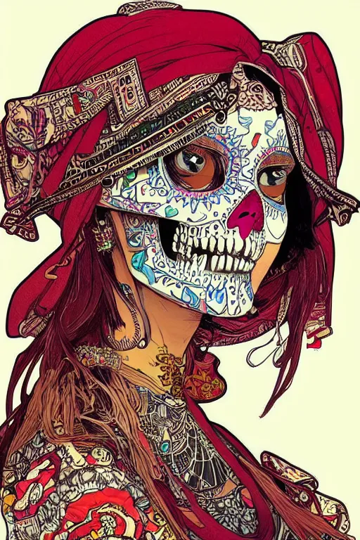 Image similar to beautiful skull portrait girl female illustration detailed patterns art of jawa traditional dress, pop art, splash painting, art by geof darrow, ashley wood, alphonse mucha, makoto shinkai