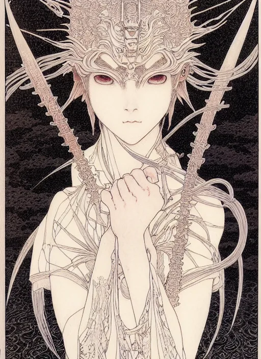 Prompt: prompt: Fragile looking vessel portrait soft light drawn by Takato Yamamoto, inspired by Fables, ancient dragon knight armor, magical and alchemical objects on the side, soft light, white background, intricate detail, intricate oil painting detail, sharp high detail, manga and anime 2000