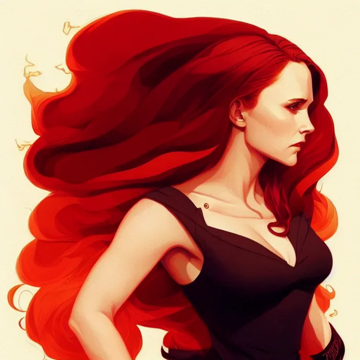 Image similar to style artgerm, joshua middleton, beautiful ( kristen bell ) with dark red dress, very long orange hair, symmetrical face, symmetrical eyes, fire powers fire swirling, detailed, volcano setting, cinematic lighting