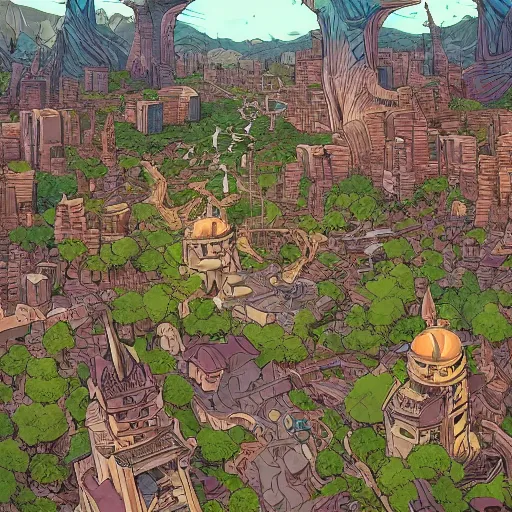 Image similar to a birds eye view overlooking a cell shaded cartoon a walled off ancient fantasy city surrounded by mountains and trees of greens and browns, rivers and lakes, the city is being besieged by monsters, concept art by josan gonzales and wlop, Laurie Greasley and james jean, highly detailed, sharp focus, Trending on Artstation, HQ, deviantart, art by artgem