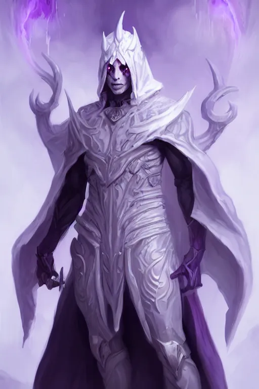 Prompt: human male demon, full body white purple cloak, no hoodie, warlock, character concept art, costume design, black eyes, white horns, epic, trending on artstation, Artgerm , WLOP