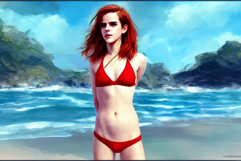 Image similar to Red-haired beauty Emma Watson in a bikini, highly detailed, mid-shot ,pixiv , digital painting , concept art