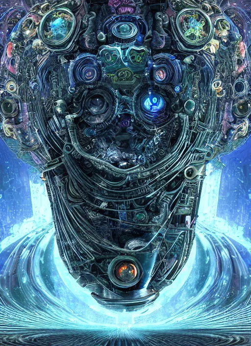 Image similar to a machine god in the machine universe encounters a living being organic cosmos inside an asymmetric orthogonal non - euclidean upside down inside out world with an infinite cosmic spiral waterfall of living information, inspired by android jones and blake foster, hyperrealistic, extreme detail, digital art, concept art, rendered in cinema 4 d, cryengine 8 k