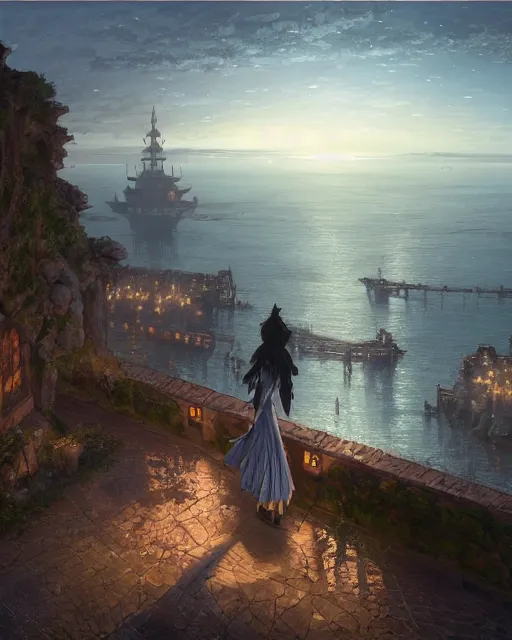 Image similar to over the shoulder landscape painting of violet evergarden, behind her is a distant old european city lights next to the reflecting ocean, nighttime, by Philipp A. Urlich and Pengzhen Zhang and Andreas Rocha, fantasy, intricate, elegant, highly detailed, digital painting, artstation, blender, unreal engine 5, octane render, smooth, sharp focus, illustration