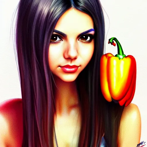 Prompt: half victoria justice half bell pepper creature, by artgerm, wlop. vastly enriched image quality. lucidly vivid. iridescentally detailed. extremely elegant and beautiful.