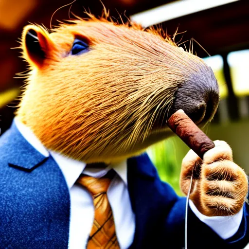 Prompt: an accurate capybara wearing a business suit and smoking a cigar in his mouth