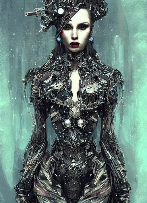 Prompt: portrait of a standing arrogant android goddess, shaman, sword, evening, dark, intricate, very detailed, science-fiction, trending on artstation, Nekro, Russ Mills, Taiyo Matsumoto