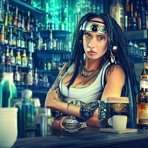 Prompt: a high quality portrait of a pirate bartender in a cyberpunk cyberpunk cyberpunk cafe, realism, 8k, award winning photo
