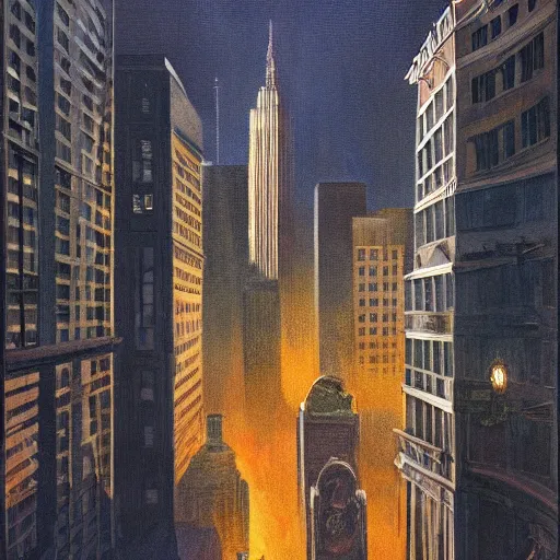 Image similar to muted color ultra realistic painting of a balcony view of 1 9 2 5 boston downtown at night in dr strange's mirror dimension, dark, brooding, night, atmospheric, horror, cosmic, ultra - realistic, smooth, highly detailed in the style of clyde caldwell