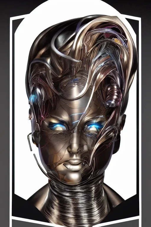 Image similar to organic cyborg head wrapped in silk by Hajime Sorayama and Jamie Coreth, trending on artstation, centered, symmetrical, electric hair, bilateral symmetry, 80s poster, polished, thick smoke, retro dark vintage sci-fi, 2D matte illustration