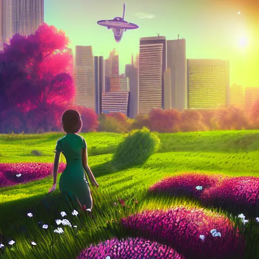 Image similar to A women in a field of flowers with a city in the background and a spaceship taking off, digital painting, volumetrics, light rays, 4k, by Mari Inukai and Bria Burke