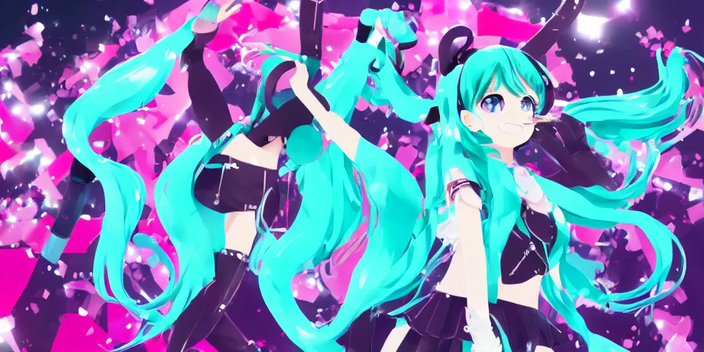 Image similar to hatsune miku preforming on stage , digital art, art station, trending on art station, anime, colorful art