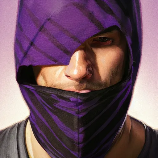 Image similar to ultra realistic illustration, man in a black hood, in a striped purple balaclava, mysterious, highly detailed, digital painting, artstation, concept art, smooth, sharp focus, illustration, art by artgerm and greg rutkowski and alphonse mucha