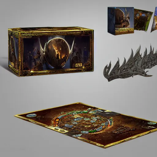 Prompt: box of a very successful game board in sales, fantasy game, front shot, highly detailed, illustration, fantasy art, in the style of greg rutkowski, epic, fantasy, intricate, hyper detailed, artstation, concept art, smooth, sharp focus, ray tracing