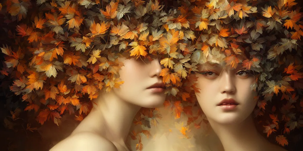 Prompt: breathtaking detailed concept art painting art deco pattern of short hair curly blonde goddesses faces amalgamation autumn leaves, by hsiao - ron cheng and volegov, bizarre compositions, exquisite detail, extremely moody lighting, 8 k